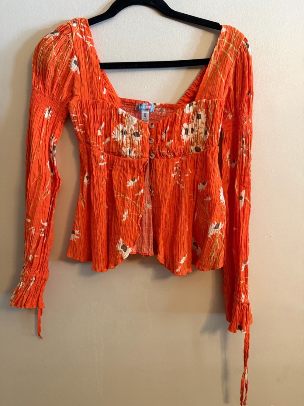 Urban Outfitters Orange Floral Button-Front Square Neck Blouse